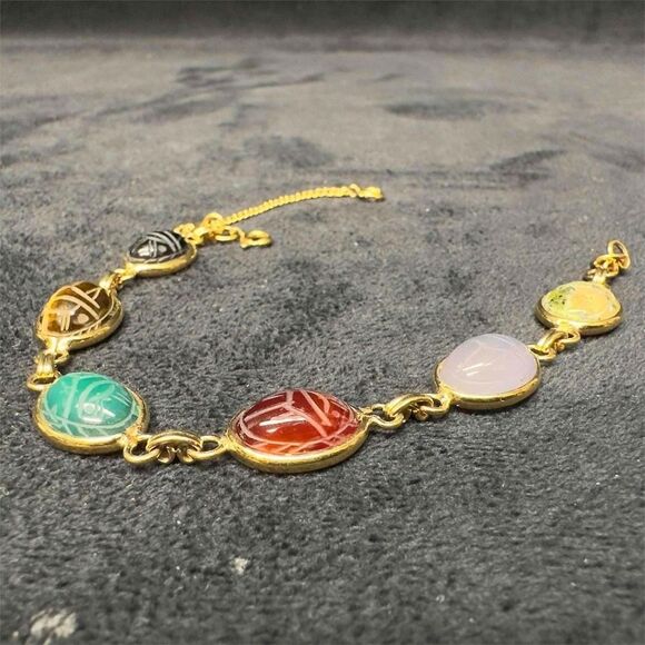 12K GF Scarab Beetle Bracelet Six (6) Gemstones Egyptian Hieroglyphs by Winard main image 1